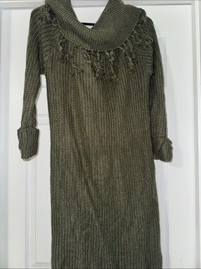 Olive Green Knit Sweater Dress with Cowl Neck